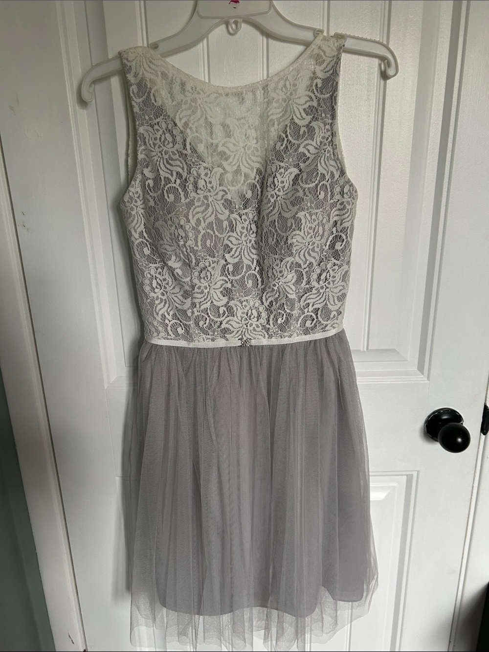 Alexia Designs Ivory Lace Bodice Gray Tulle Prom Dress